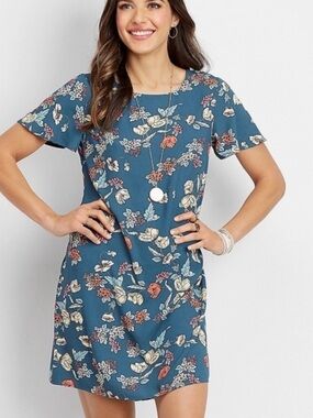 Maurices Teal Floral Short Sleeve Shift Dress